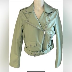 Cleo Pear  Green Moto Faux Leather with attached belt .